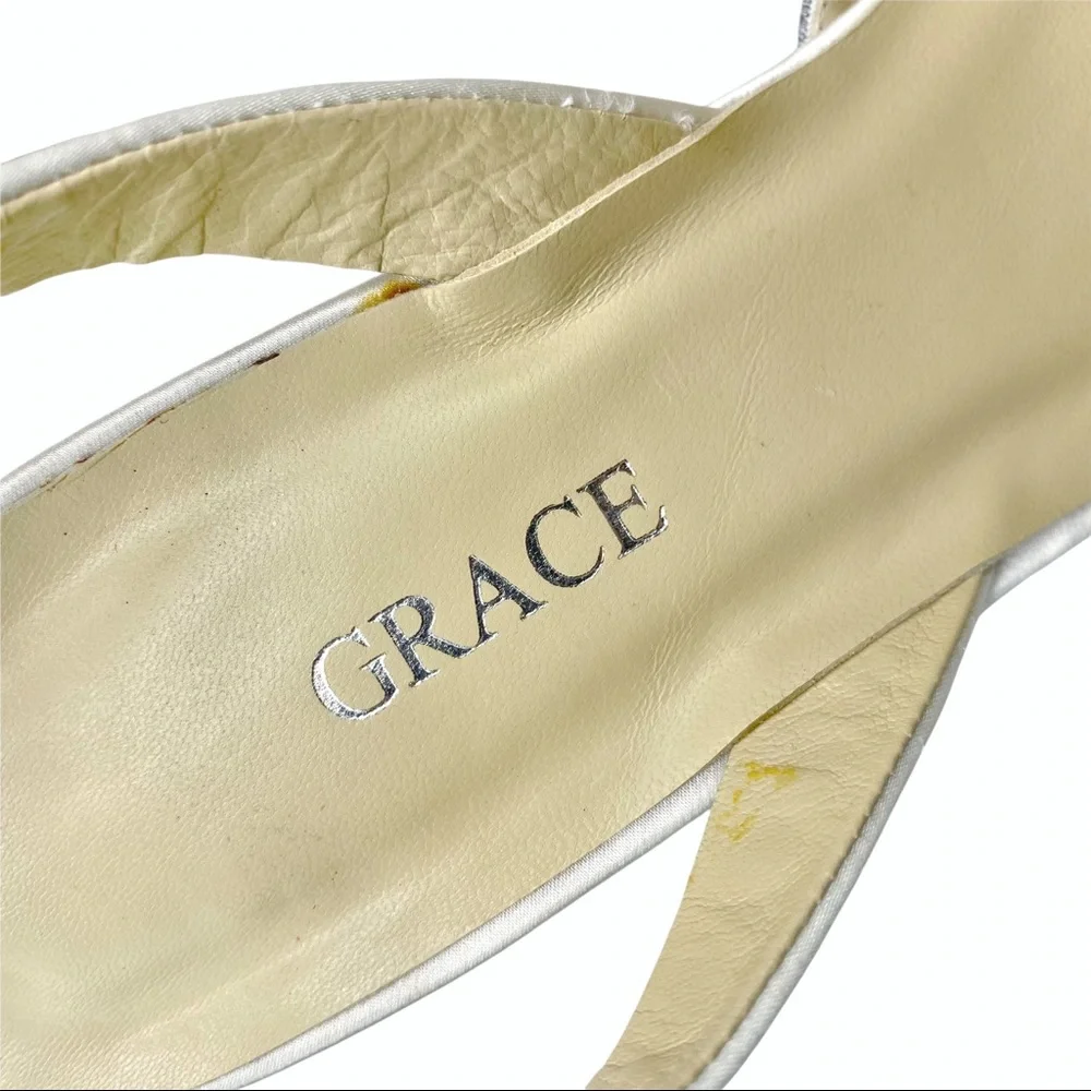 Grace Amare Beaded White Silk Slingbacks - Size 7